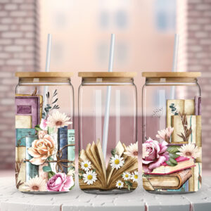 Floral Bookstacks - Sipper Glass 16oz